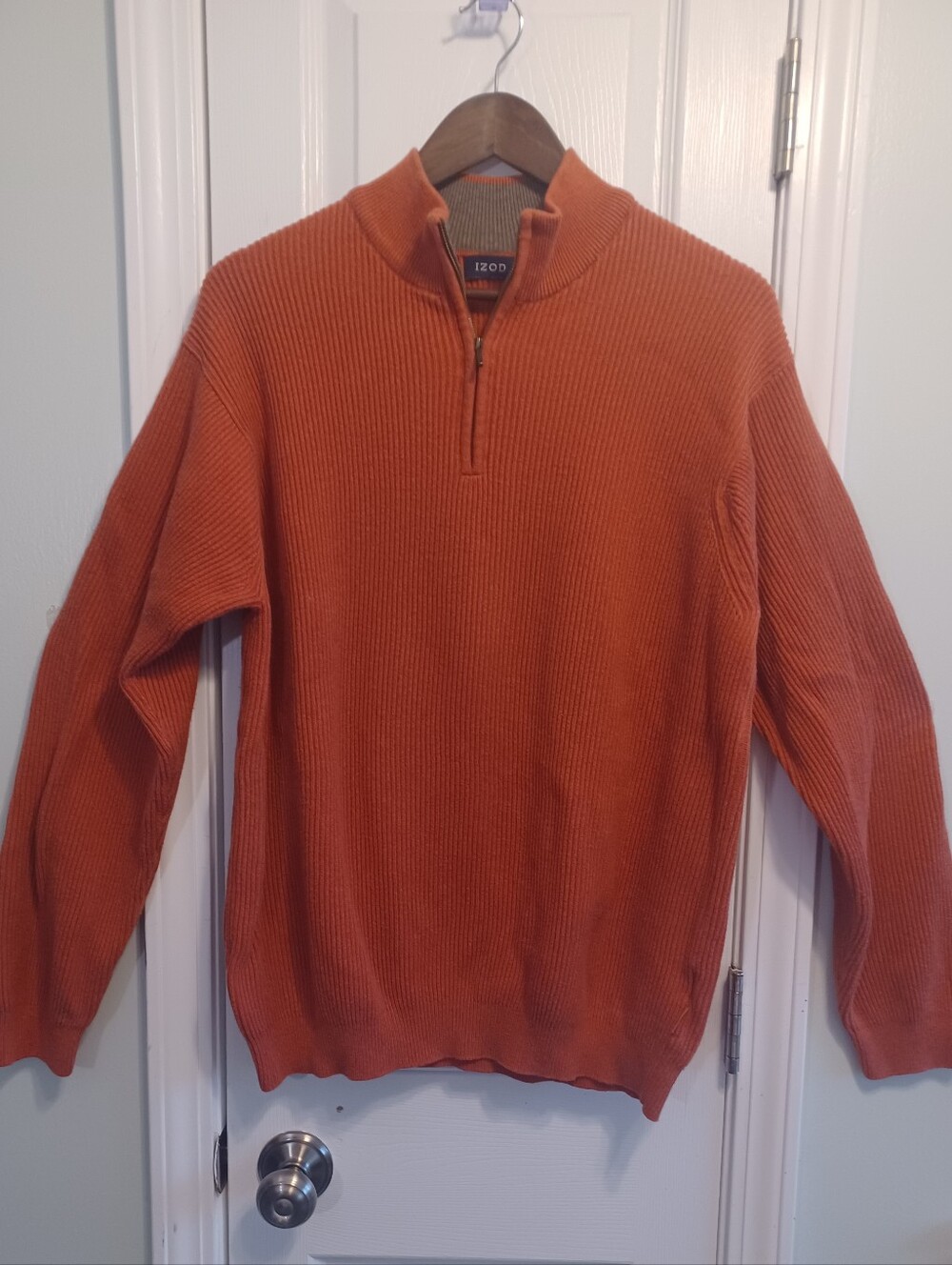 Izod Men's Cotton Ribbed Quarter-Zip Sweater in Rust Orange Preppy XL